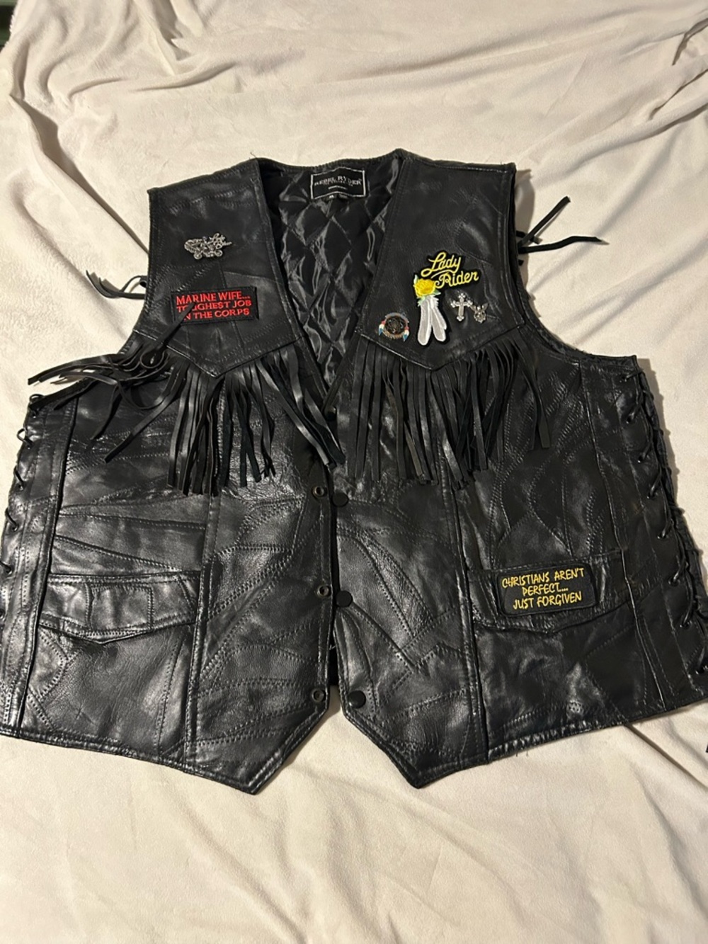 Black Leather Fringe Vest with Embroidered Patches Rebel Ryder XL